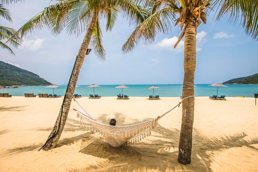 야자수 두 그루 사이에 하얀색 그물 해먹이 걸려 있고, 한 사람이 해먹에 누워 휴식을 취하고 있는 모습. 해먹 앞에는 황금빛 모래사장과 잔잔한 푸른 바다가 펼쳐져 있으며, 멀리 해변에는 파라솔과 선베드가 줄지어 있고, 양 끝에는 초록빛 언덕이 보인다.