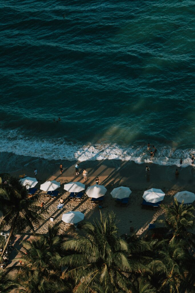 초록빛 바다가 보이는 해변에서 여러 명의 사람들이 파도 근처에서 물놀이를 하고 있다. 해변에는 하얀 파라솔과 선베드가 줄지어 놓여 있으며, 야자수의 그림자가 길게 드리워져 있다